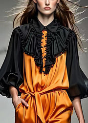 Fashion Black Peter Pan Collar Wrinkled Silk Blouses Fall