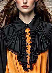 Fashion Black Peter Pan Collar Wrinkled Silk Blouses Fall