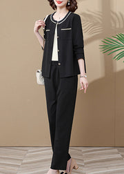 Fashion Black Pockets Patchwork Cardigans And Wide Leg Pants Two Pieces Set Long Sleeve