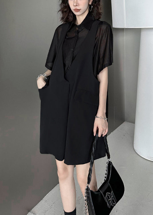 Fashion Black Pockets Patchwork FalseTwo Pieces Cotton Mid Dress Summer