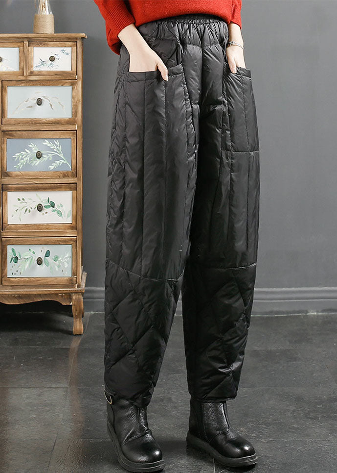 Fashion Black Pockets Patchwork Thick Duck Down Filled Pants