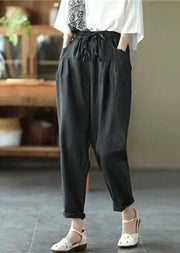 Fashion Black Pockets Patchwork Tie Waist Linen Pants Summer