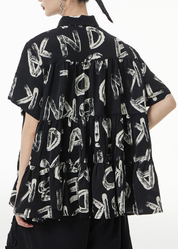 Fashion Black Print Wrinkled Patchwork Silk Shirt Short Sleeve