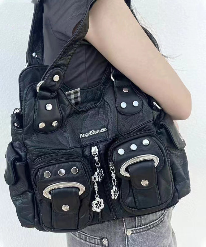 Fashion Black Rivet Faux Leather Satchel Handbag