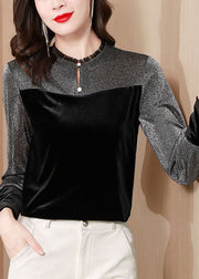 Fashion Black Ruffled Patchwork Silk Velour Shirt Top Spring