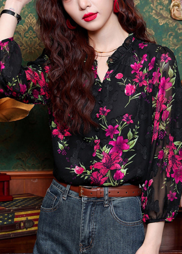 Fashion Black Ruffled Print Button Chiffon Shirt Long Sleeve