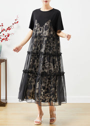 Fashion Black Ruffled Tulle Patchwork Exra Large Hem Cotton Dress Summer