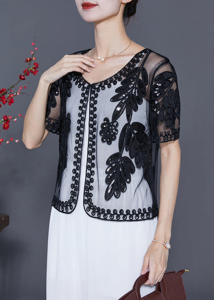 Fashion Black Sequins Embroideried Tulle Cardigans Summer