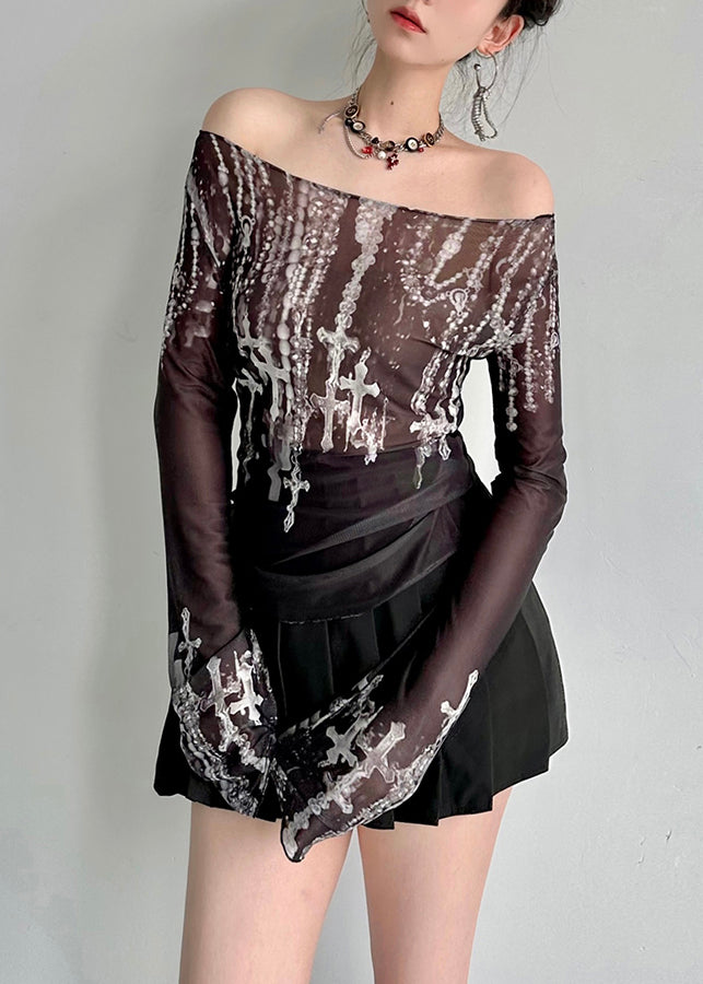 Fashion Black Slash Neck Print Tulle Top Fall