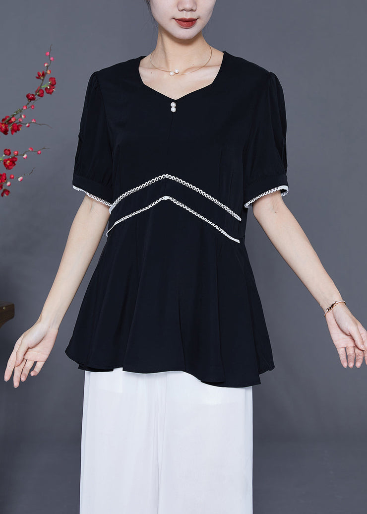 Fashion Black Slim Fit Patchwork Exra Large Hem Chiffon Blouse Tops Summer