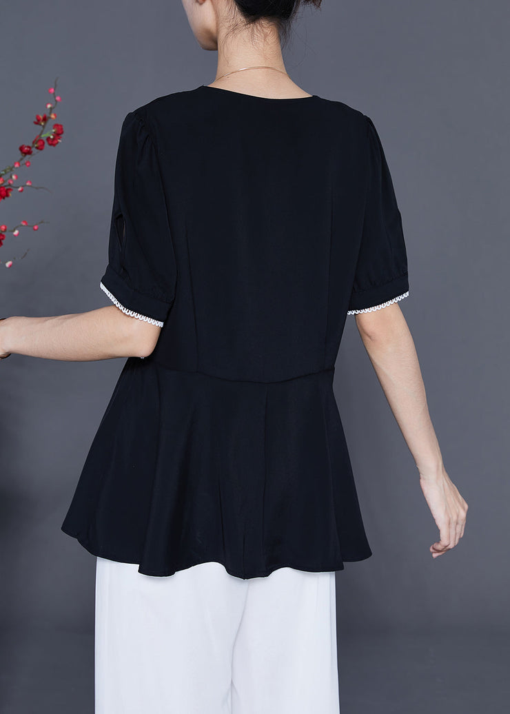 Fashion Black Slim Fit Patchwork Exra Large Hem Chiffon Blouse Tops Summer