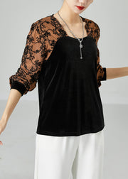 Fashion Black Square Collar Patchwork Jacquard Silk Velour Shirt Top Spring