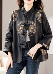 Fashion Black Stand Collar Embroidered Button Faux Leather Coats Fall