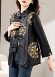 Fashion Black Stand Collar Embroidered Button Faux Leather Coats Fall