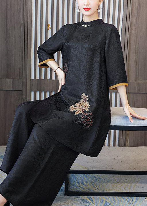 Fashion Black Stand Collar Embroideried Silk Tops And Pants Outfit Summer