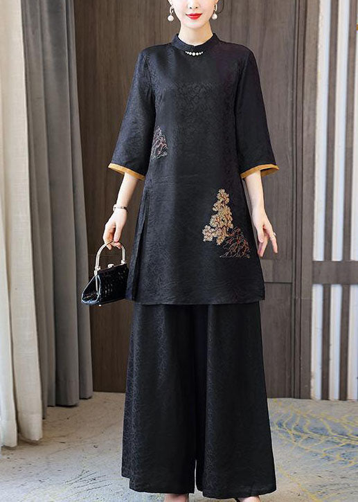 Fashion Black Stand Collar Embroideried Silk Tops And Pants Outfit Summer