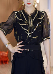 Fashion Black Stand Collar Sequins Chiffon Top Short Sleeve