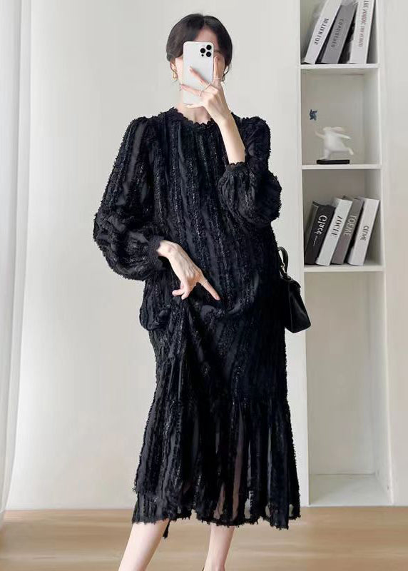 Fashion Black Stand Collar WrinkledPatchwork Lace Dress Fall