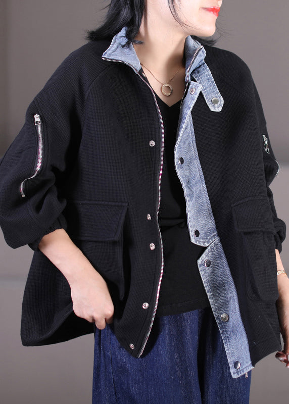 Fashion Black Stand Collar Zippered Button Pockets Denim Patchwork Coats Long Sleeve