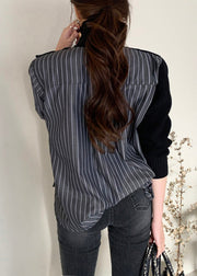 Fashion Black Striped Turtleneck Asymmetrical Knit Patchwork Button Shirt Spring