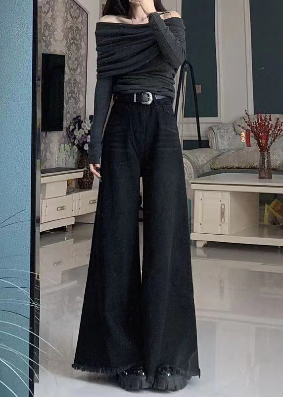 Fashion Black Tasseled Pockets Denim Wide Leg Pants Spring