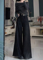 Fashion Black Tasseled Pockets Denim Wide Leg Pants Spring