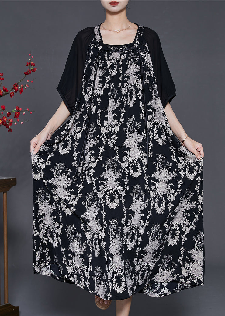 Fashion Black Tasseled Print Chiffon Holiday Dress Summer