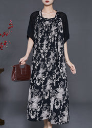 Fashion Black Tasseled Print Chiffon Holiday Dress Summer