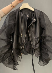 Fashion Black Tulle Puff Sleeve Zippered Patchwork Faux Leather Jackets