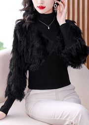 Fashion Black Turtleneck Fuzzy Fur Fluffy Patchwork Fake Two Pieces Tops Fall