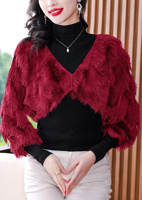 Fashion Black Turtleneck Fuzzy Fur Fluffy Patchwork Fake Two Pieces Tops Fall