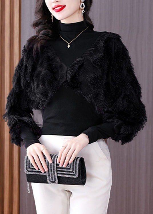 Fashion Black Turtleneck Fuzzy Fur Fluffy Patchwork Fake Two Pieces Tops Fall