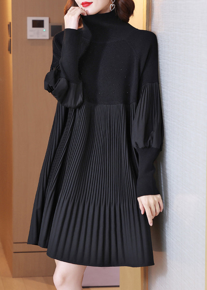 Fashion Black Turtleneck Patchwork Wrinkled Knit Dress Lantern Sleeve