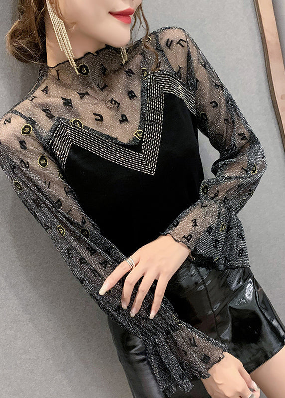 Fashion Black Turtleneck Print Wrinkled Tulle Patchwork Velour Top Bottoming Shirt