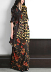 Fashion Black V Neck Asymmetrical Print Wrinkled Silk Maxi Dress Summer