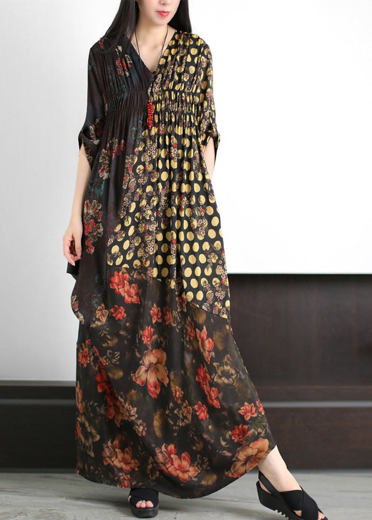 Fashion Black V Neck Asymmetrical Print Wrinkled Silk Maxi Dress Summer