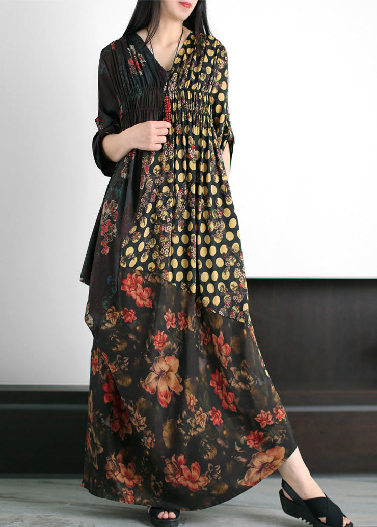 Fashion Black V Neck Asymmetrical Print Wrinkled Silk Maxi Dress Summer