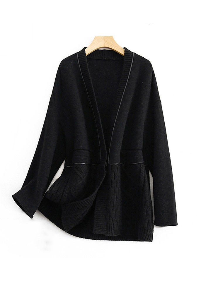 Fashion Black V Neck Button Knit Patchwork Woolen Coats Long Sleeve