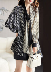 Fashion Black V Neck Contrast Color Print Chiffon Shirt Fall