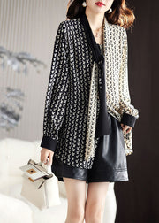 Fashion Black V Neck Contrast Color Print Chiffon Shirt Fall