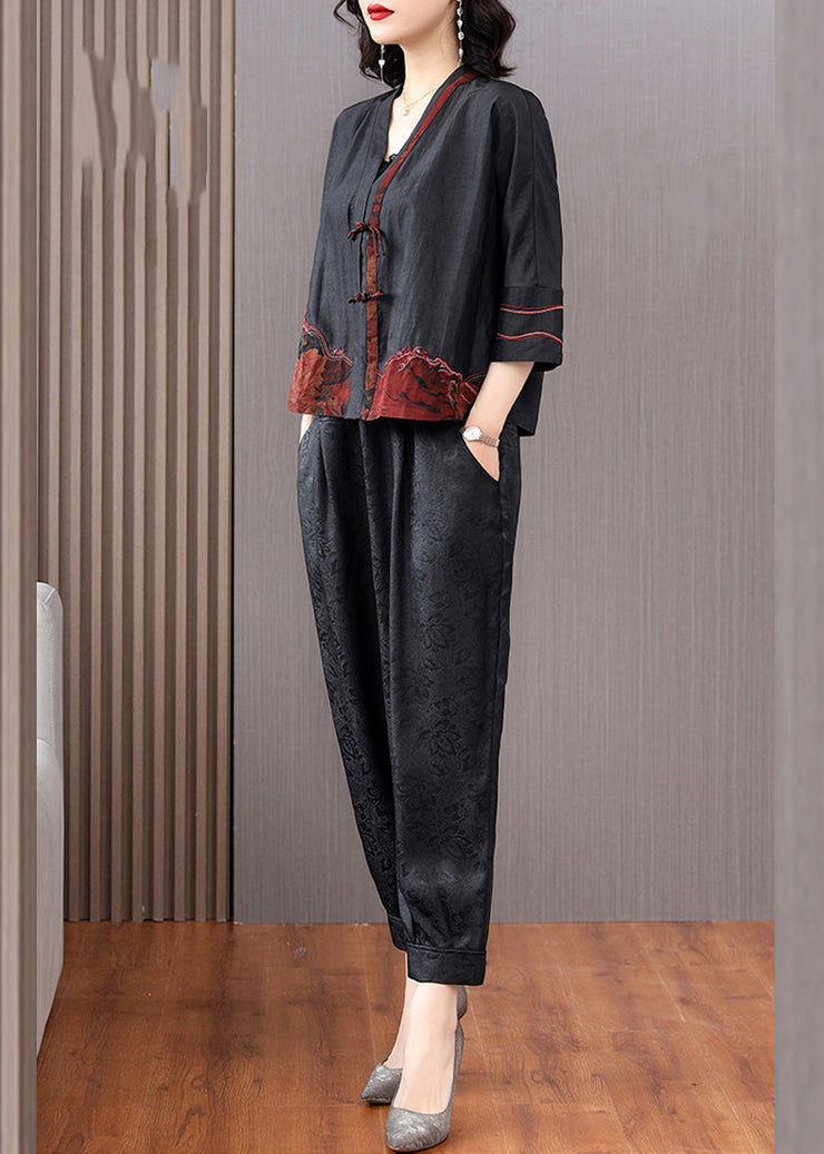 Fashion Black V Neck Patchwork Button Cardigans And Crop Pants Silk Two Pieces Set Long Sleeve