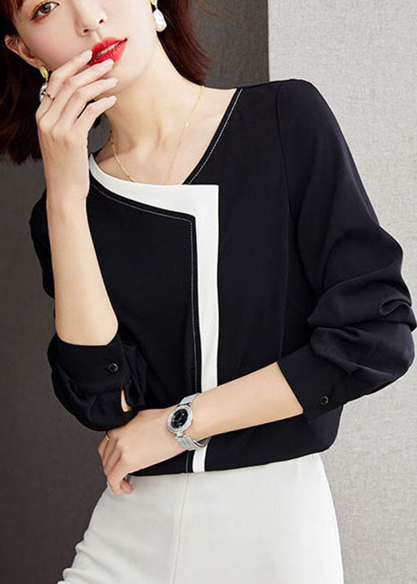 Fashion Black V Neck Patchwork Chiffon Shirt Top Long Sleeve