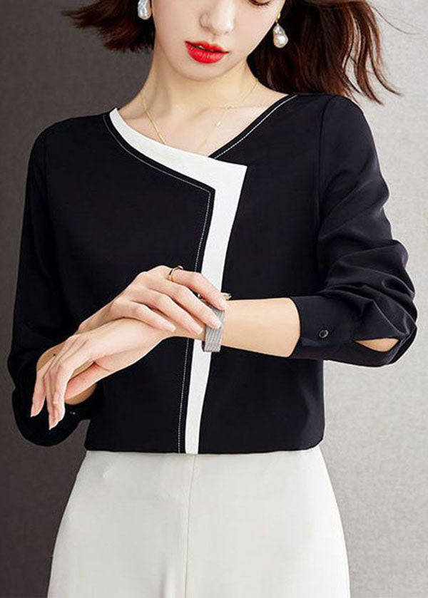 Fashion Black V Neck Patchwork Chiffon Shirt Top Long Sleeve