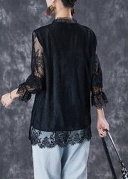 Fashion Black V Neck Patchwork Lace Shirt Fall