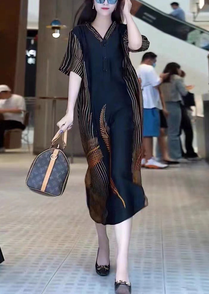 Fashion Black V Neck Print Patchwork Silk Long Dresses Summer