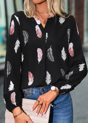 Fashion Black V Neck Print Shirt Long Sleeve