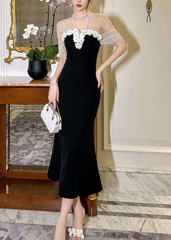 Fashion Black V Neck Tulle Patchwork Floral Maxi Dresses Summer