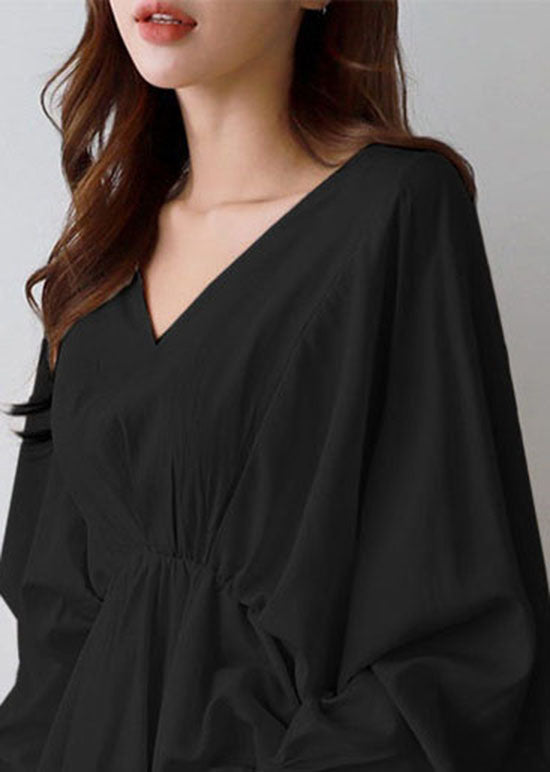 Fashion Black V Neck Wrinkled Patchwork Cotton Shirts Tops Lantern Sleeve