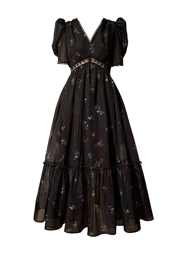 Fashion Black V Neck Zippered Print Chiffon Maxi Dresses Lantern Sleeve