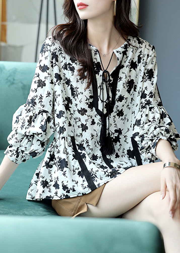 Fashion Black White Colour V Neck Print Lace Patchwork Chiffon Shirts Long Sleeve